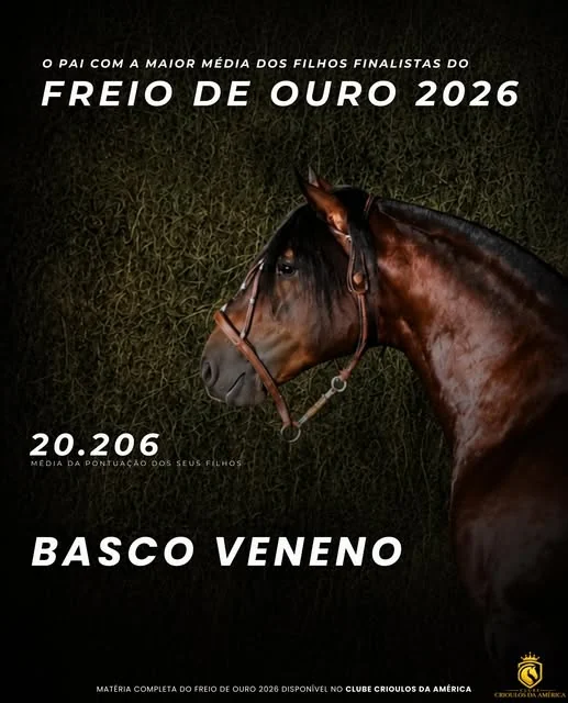 Publicação do Clube Crioulos da América sobre Basco Veneno e a média de seus filhos finalistas do Freio de Ouro 2026.
